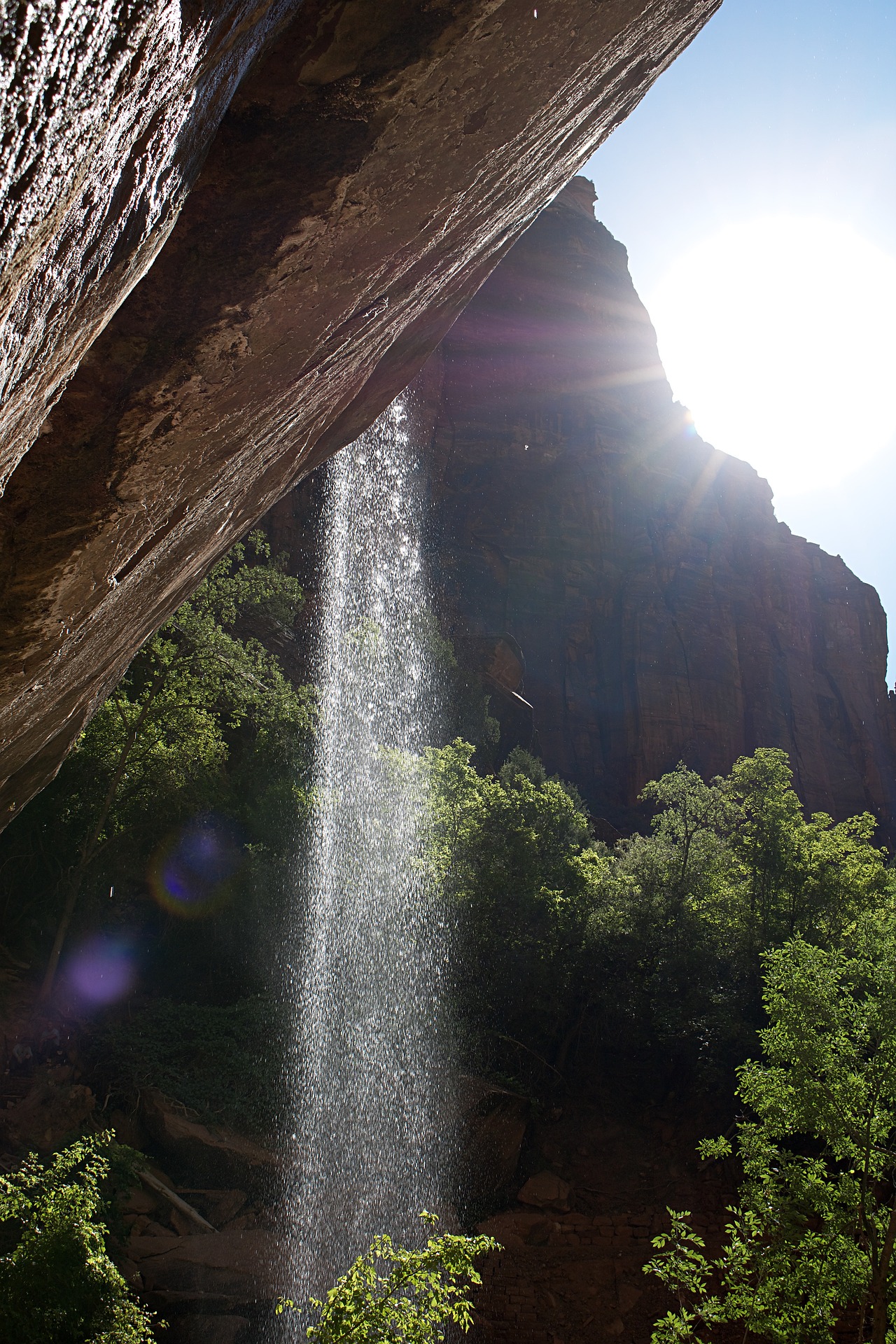 Water falls from an overhanging ledge above the Emerald Pools trail in Zion, with a sandstone peak lit up behind it