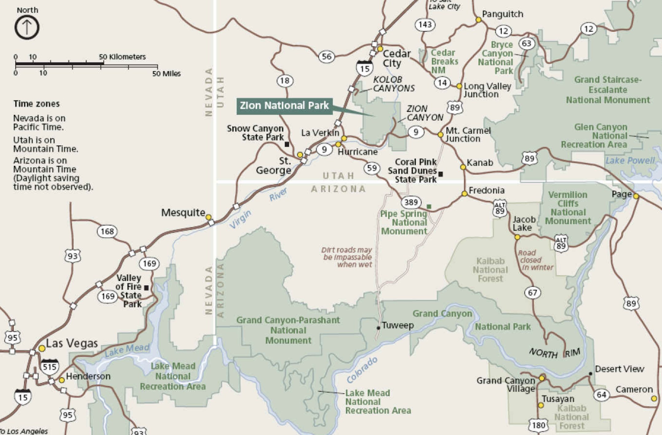Regional map showing Zion National Park with Las Vegas, St George, Bryce Canyon, Kanab and the Grand Canyon