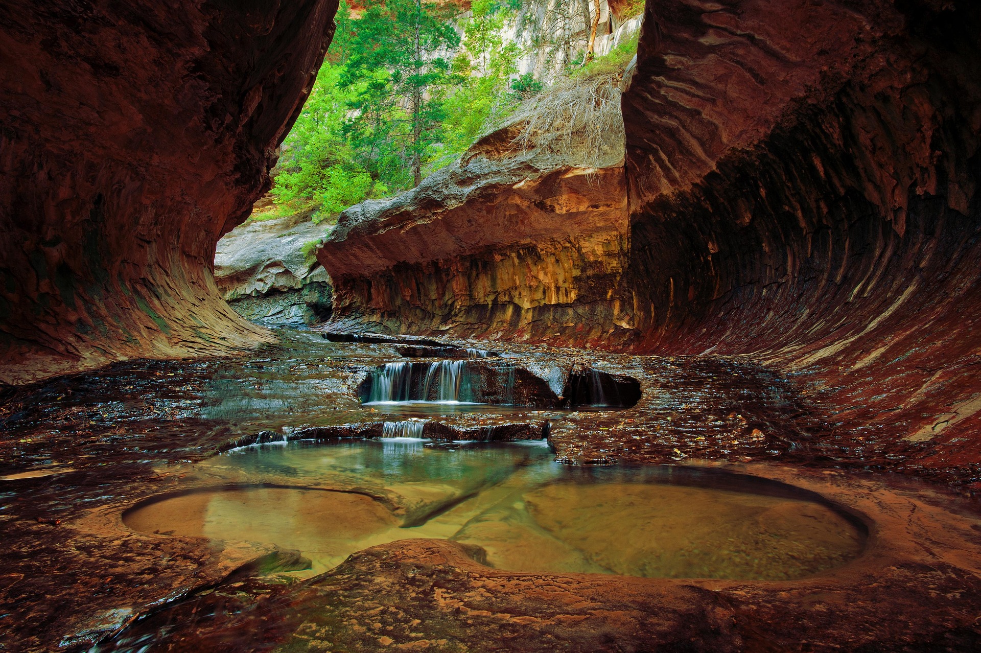 The Subway, Zion National Park The curved sandstone walls and cascading pools inside the Subway slot canyon in Zion