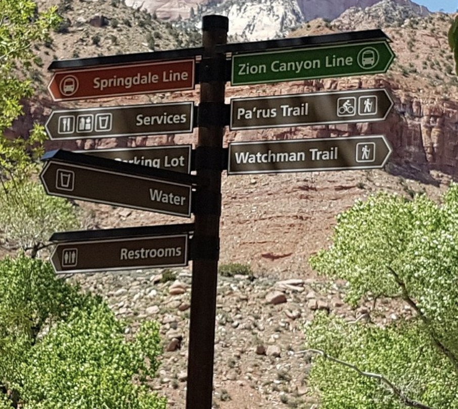 Signpost in Zion showing the Springdale Line, Zion Canyon Line, Pa'rus Trail and Watchman Trail
